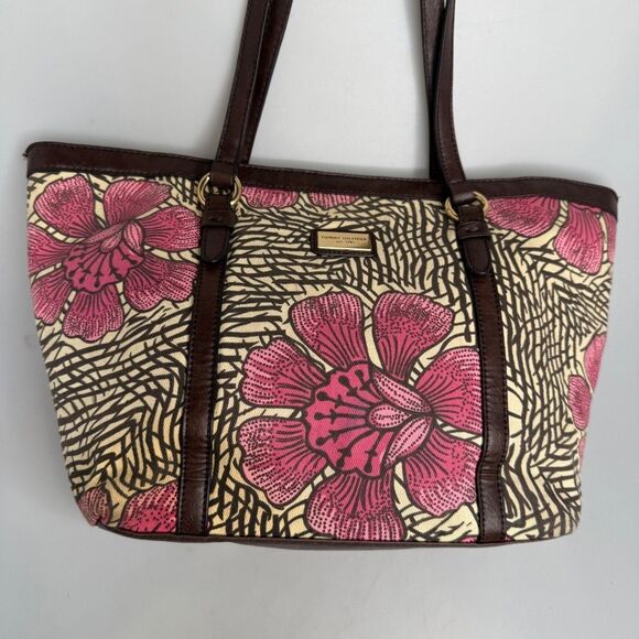 Tommy Hilfiger Pink Floral Canvas Tote Bag Brown Leather Accents 17"x10"x5" EUC - Picture 3 of 16